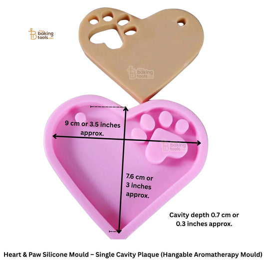 Heart and paw silicone mould with dimensions and 'Baking Tools' branding