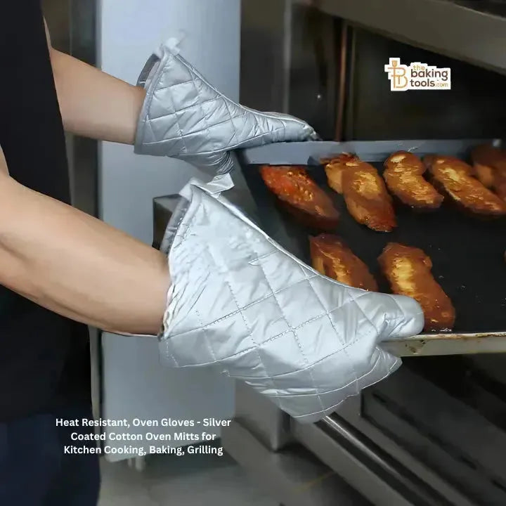 Oven Gloves Silver Coated Cotton Oven Mitts for Kitchen Cooking, Baking, Grilling - thebakingtools.com