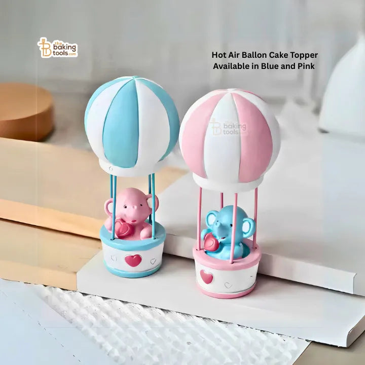 Blue Hot Air Balloon Ceramic Cake Topper with Pink Elephant – Baby Shower & Birthday Decoration