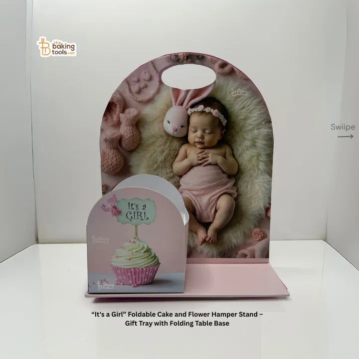“It's a Girl” Baby Shower Foldable Cake and Flower Hamper Stand – Gift Tray with Folding Table Base