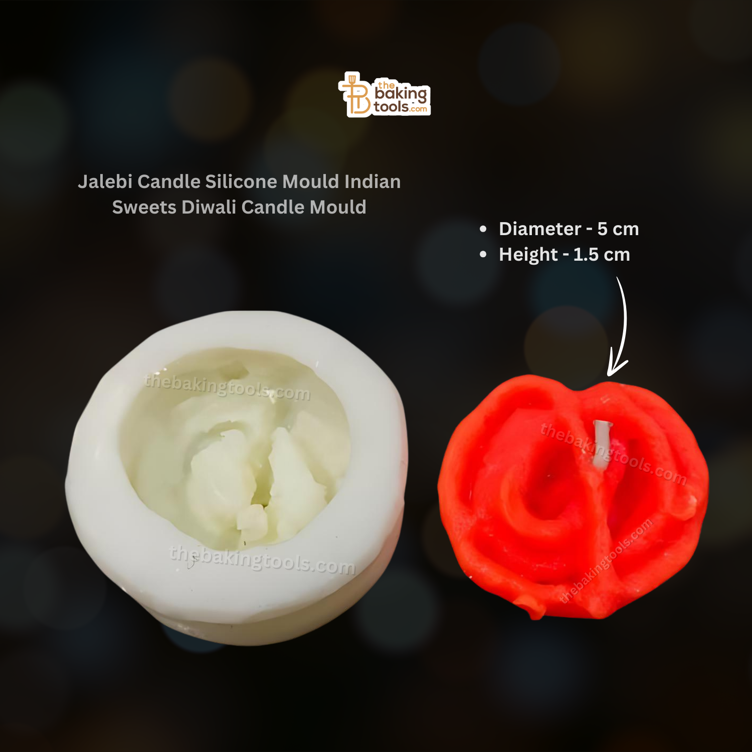 Jalebi Candle Silicone Mould Indian Sweets Diwali Candle Mould  _ the baking tools (its an image of Jalebi Candle Silicone Mould with its out-come with a little a finishing result Jalebi Candle with its size mentioned)