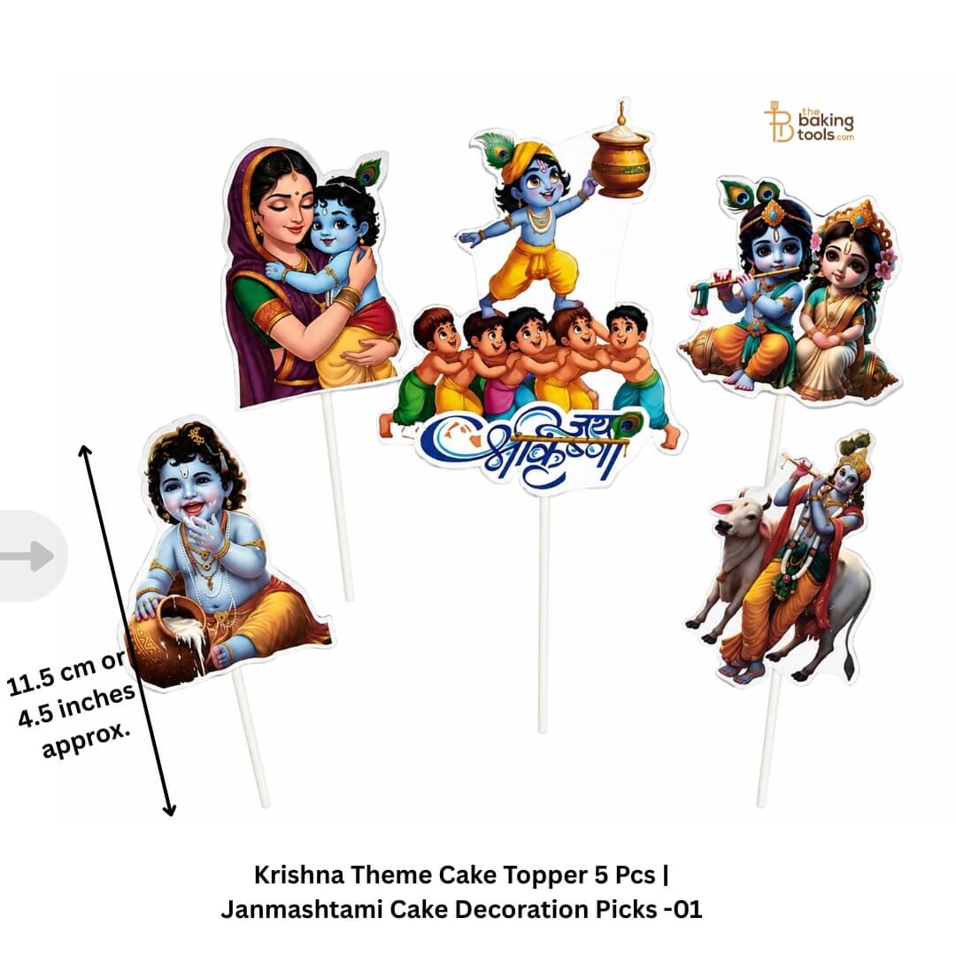 Krishna Theme Cake Topper 5 Pcs | Janmashtami Cake Decoration Picks -01 with dimensions