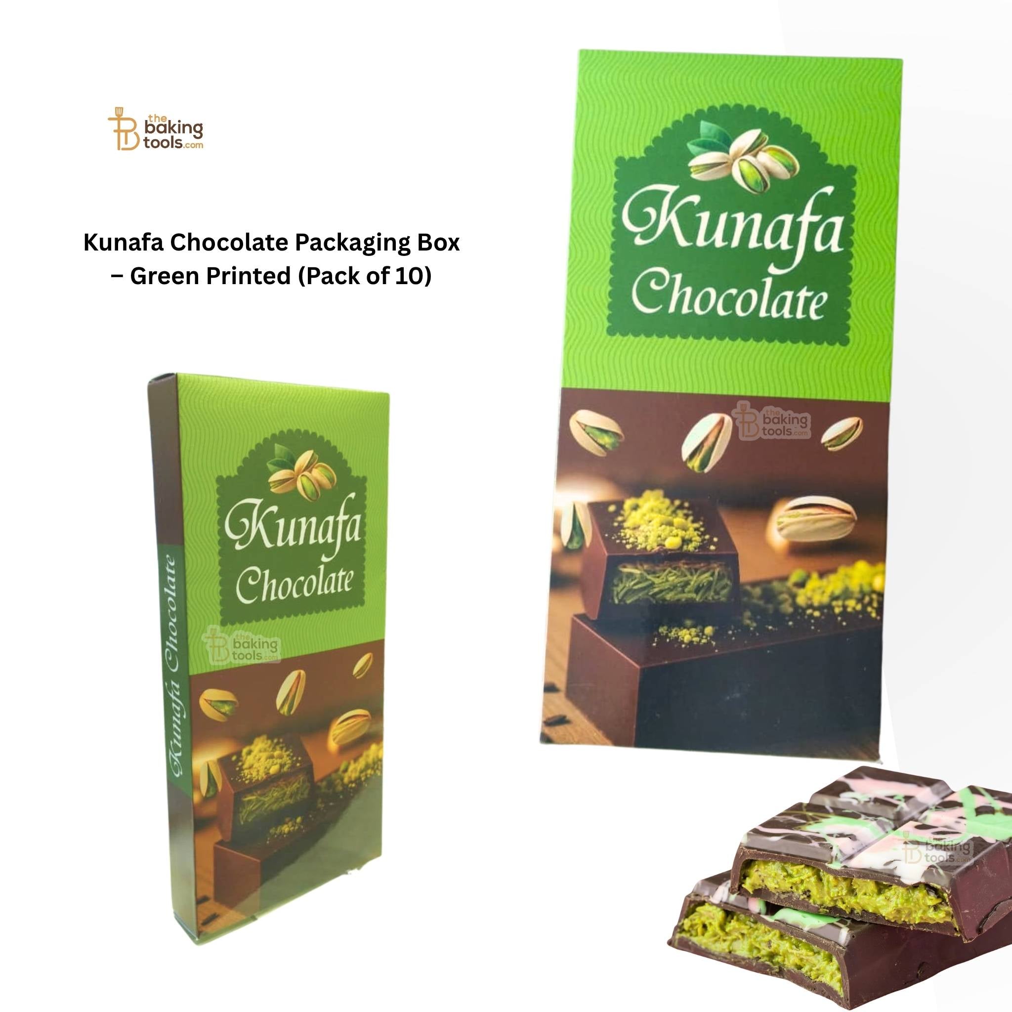 Kunafa Chocolate packaging box with green and brown design, featuring the brand 'Baking Tools'.