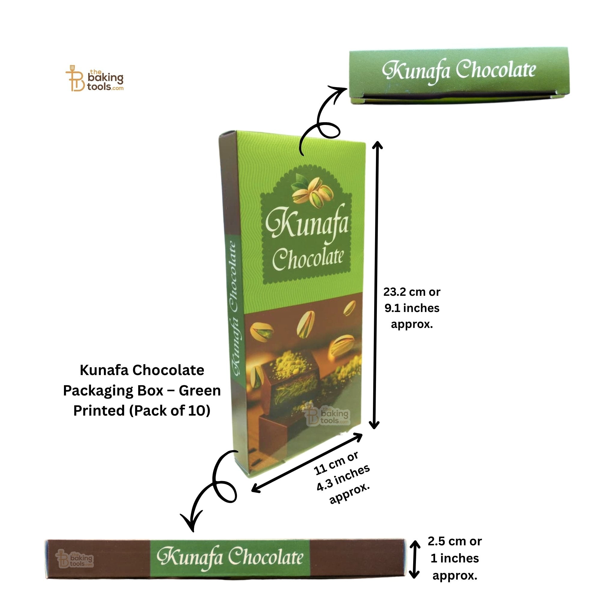 Kunafa Chocolate packaging box and chocolate bar with dimensions on a white background