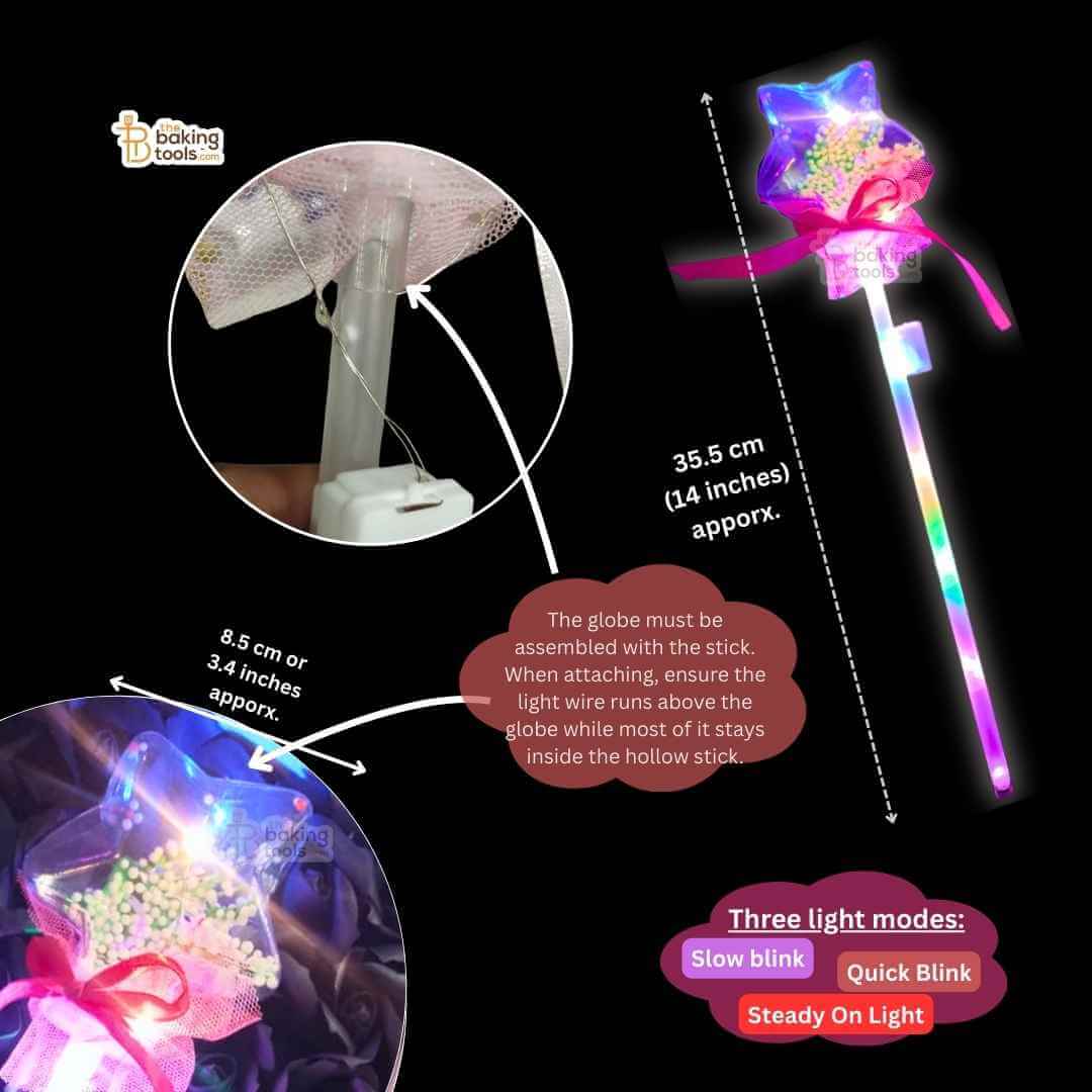 LED Light-Up Star Balloon Cake Topper Wand with it's dimension and some instructions.