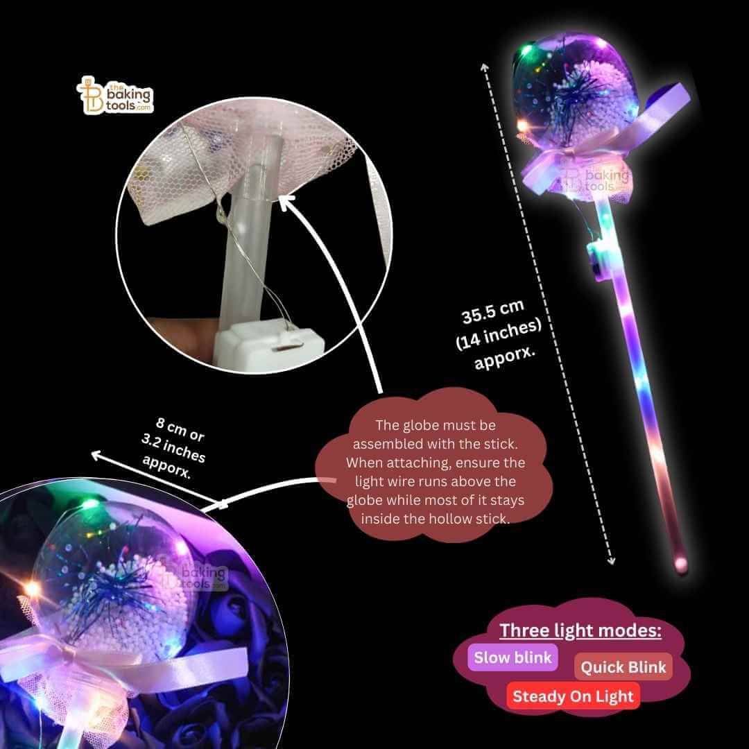 LED Sphere Balloon Cake Topper Wand with dimension and some instruction on how to assemble and on it.