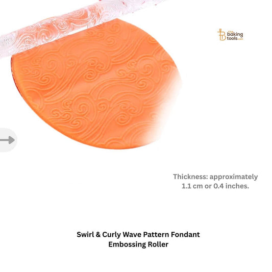 Fondant embossing roller with swirl and curly wave pattern.