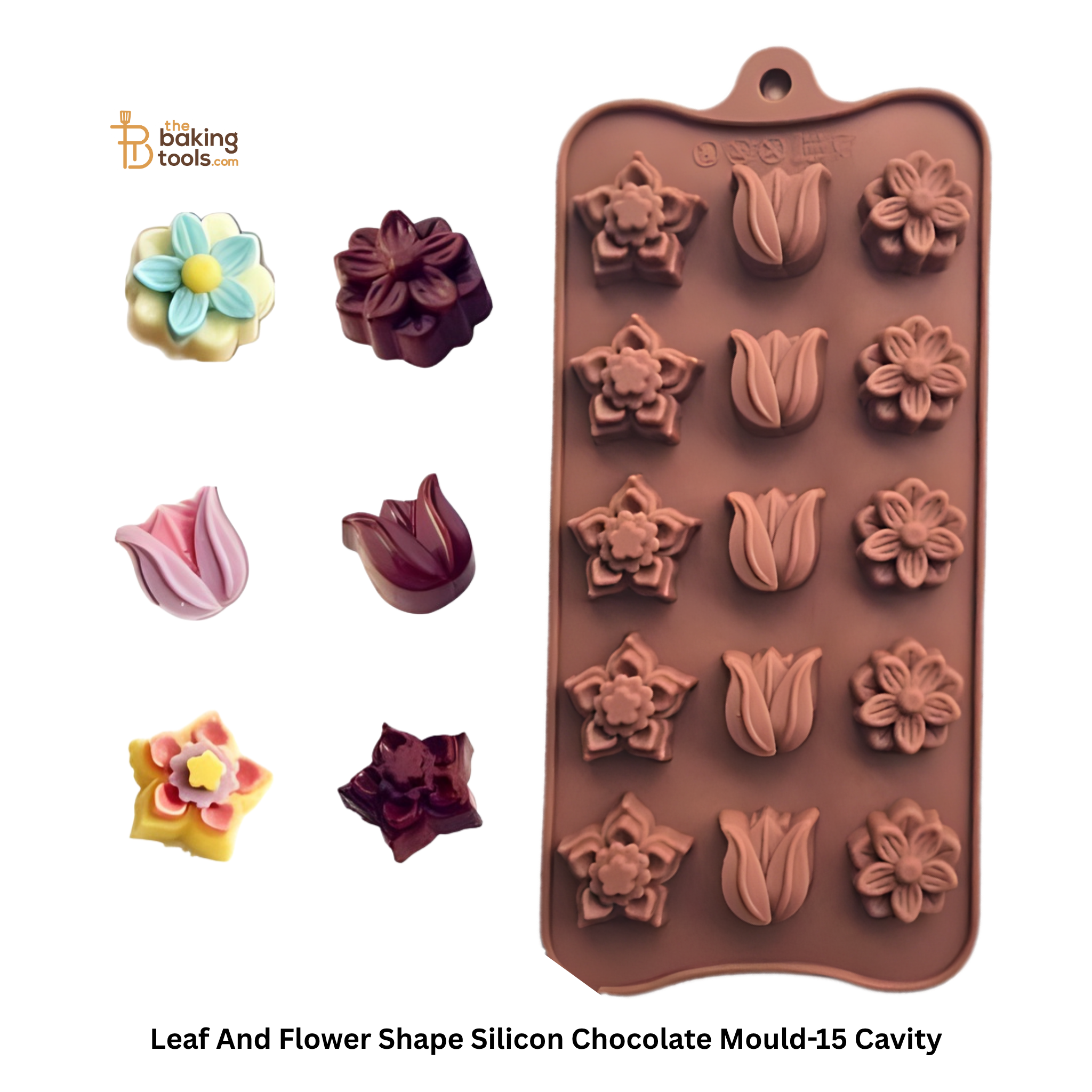 Silicone chocolate mould with leaf and flower shapes on a white background