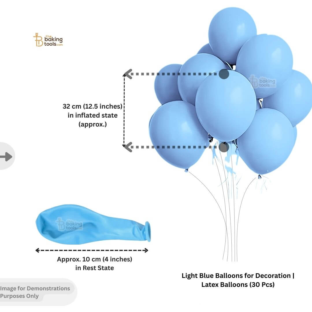 Light blue balloons with measurements. Inflated state: 32 cm (12.5 inches) 
Rest state: Approximately 10 cm (4 inches)