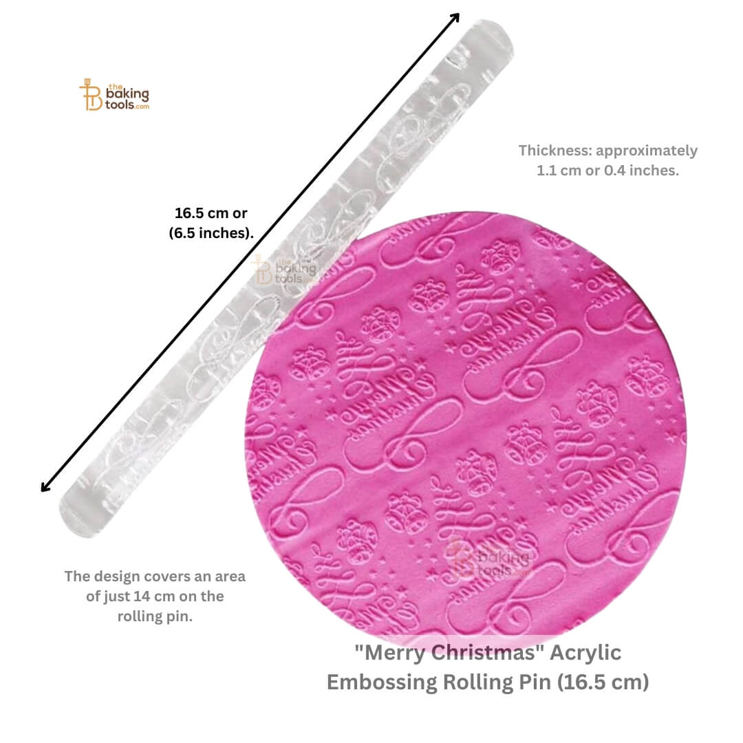 Merry Christmas Embossing rolling pin with measurements and design details on a white background