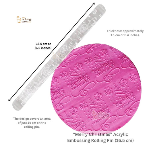 Merry Christmas Embossing rolling pin with measurements and design details on a white background