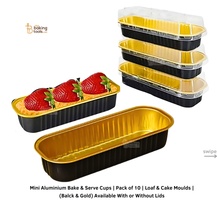Mini Aluminium Bake & Serve Cups Pack of 10 Loaf & Cake Moulds (Black & Gold) Available With or Without Lids