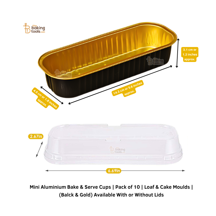 Mini Aluminium Bake & Serve Cups Pack of 10 Loaf & Cake Moulds (Black & Gold) Available With or Without Lids