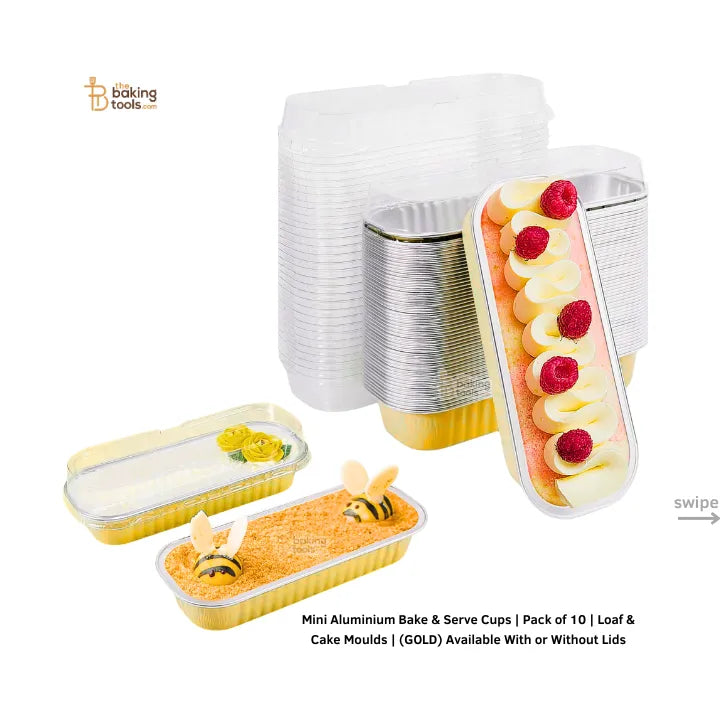 Mini Aluminium Bake & Serve Cups | Pack of 10 | Loaf & Cake Moulds | (GOLD) Available With or Without Lids