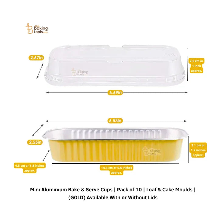 Mini Aluminium Bake & Serve Cups | Pack of 10 | Loaf & Cake Moulds | (GOLD) Available With or Without Lids