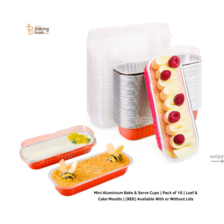 Mini Aluminium Bake & Serve Cups | Pack of 10 | Loaf & Cake Moulds | (RED) Available With or Without Lids