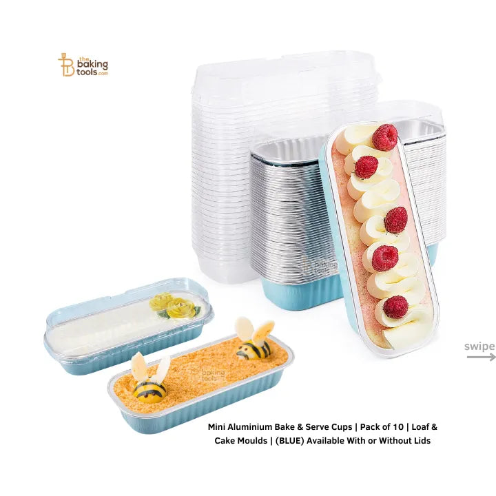 Mini Aluminium Bake & Serve Cups | Pack of 10 | Loaf & Cake Moulds | (BLUE) Available With or Without Lids