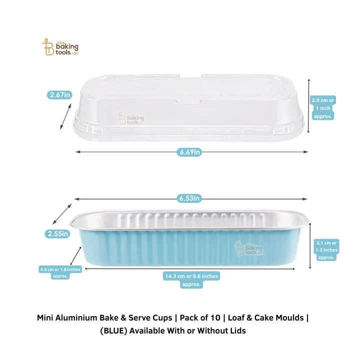 Mini Aluminium Bake & Serve Cups | Pack of 10 | Loaf & Cake Moulds | (BLUE) Available With or Without Lids