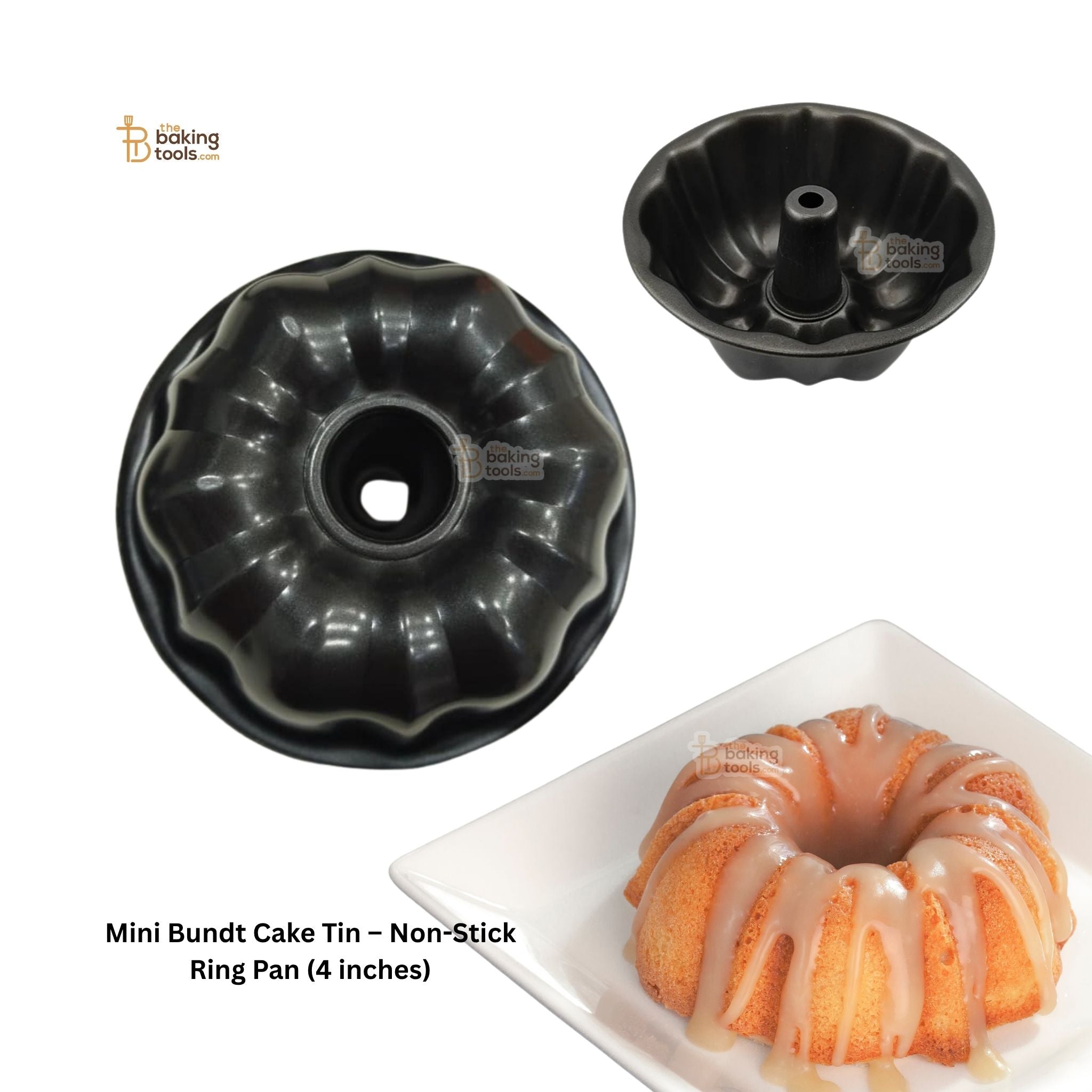 Mini Bundt Cake Tin with a baked cake on a white plate, branded 'Baking Tools'.