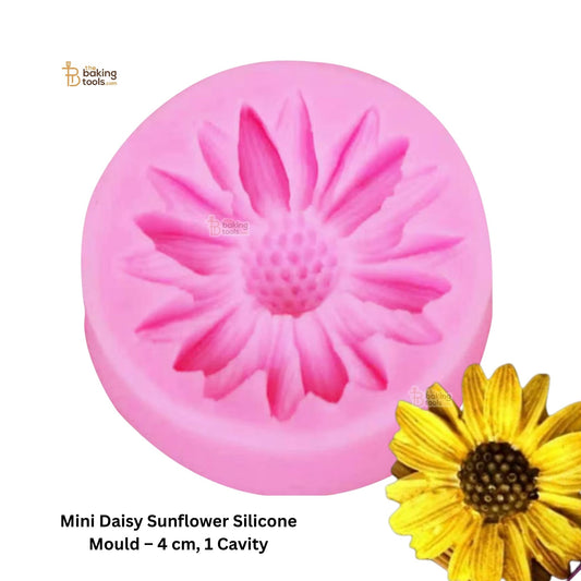 Pink mini daisy sunflower silicone mould with a yellow sunflower on a white background
