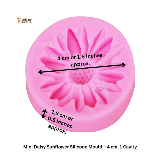 Pink silicone mould shaped like a daisy with measurements on a white background. The Cavity measures 4 cm or 1.6 inches approx, and the mould height of 1.5 cm or 0.5 inches approx.