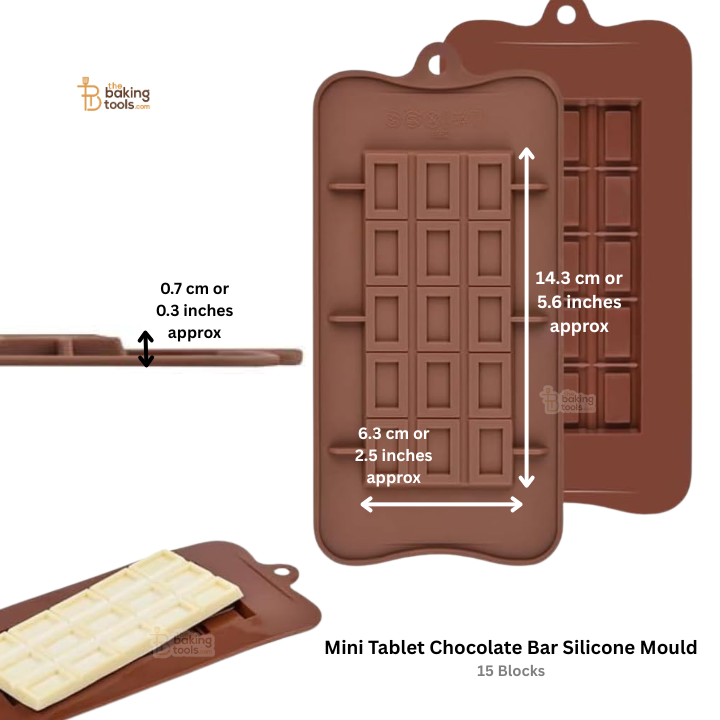 Silicone mould for mini chocolate tablets with dimensions and a small chocolate bar model.