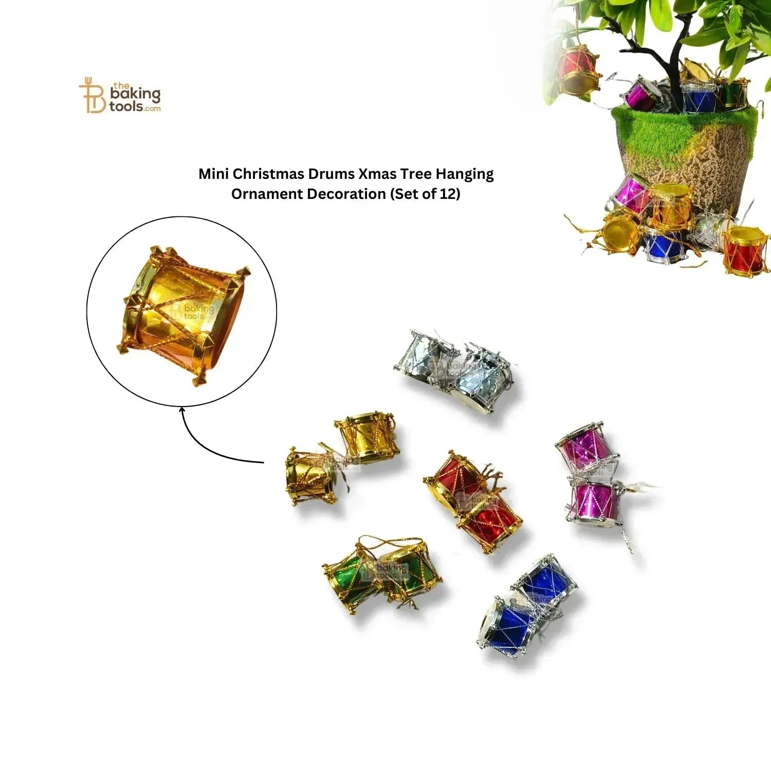 Mini Christmas Drums Xmas Tree Hanging Ornament Decoration (Set of 12) - thebakingtools.com