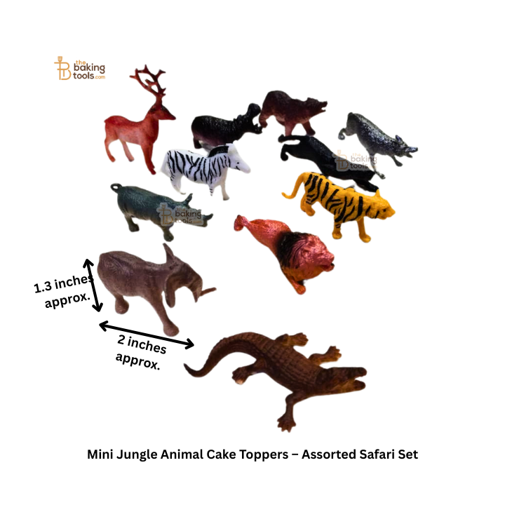 Assorted mini jungle animal cake toppers with measurements on a white background