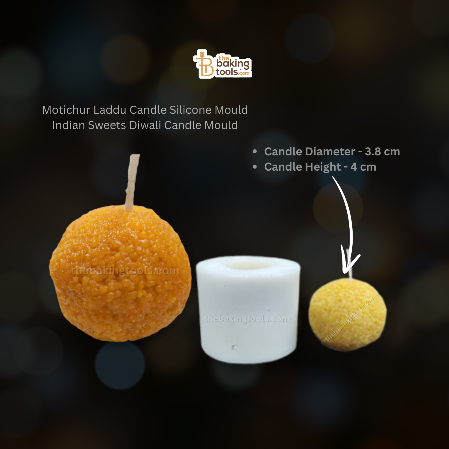 Motichur Laddu Candle Silicone Mould Indian Sweets Diwali Candle Mould _ the baking tools (its an image of Motichur Laddu Candle Silicone Mould with its outcome with a little a finishing result Motichur Laddu Candle Silicone with its dimensions mentioned)