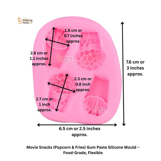 Pink silicone mold for movie snacks with dimensions labeled on a white background