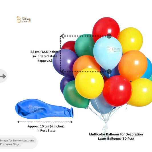 Multicolor Balloons for Decoration Rubber Balloons. Inflated state: 32 cm (12.5 inches) 
Rest state: Approximately 10 cm (4 inches)
