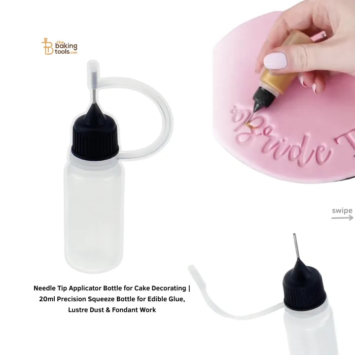 Needle Tip Applicator Bottle for Cake Decorating | 20ml Precision Squeeze Bottle for Edible Glue, Lustre Dust & Fondant Work
