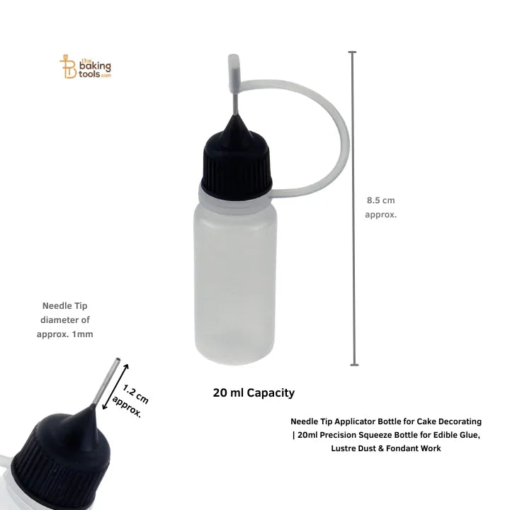 Needle Tip Applicator Bottle for Cake Decorating | 20ml Precision Squeeze Bottle for Edible Glue, Lustre Dust & Fondant Work