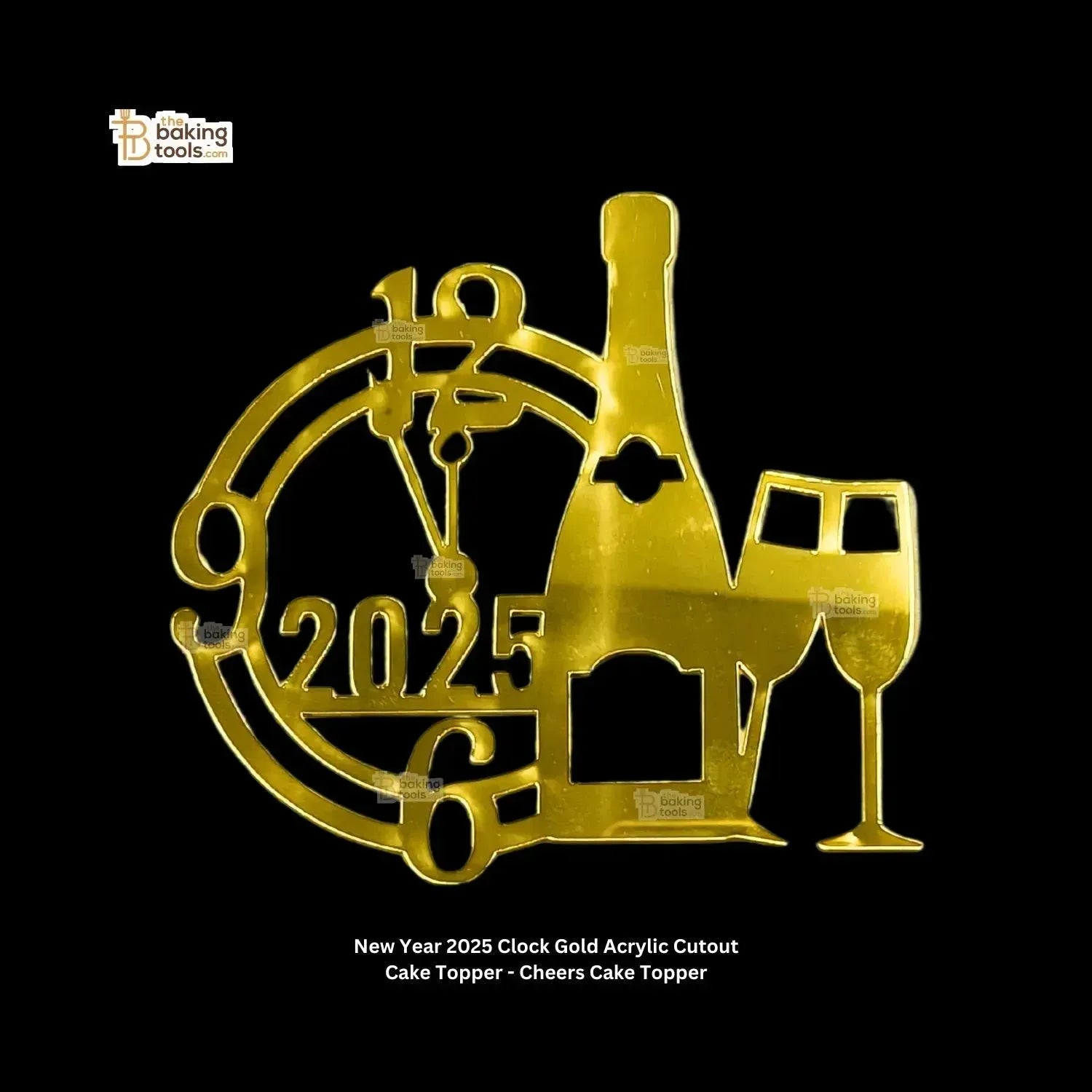 New Year 2025 Clock Gold Acrylic Cutout Cake Topper - Cheers Cake Topper - thebakingtools.com