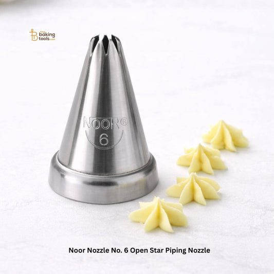 Noor Nozzle No. 6 Open Star Piping Nozzle with examples of star shapes on a white background