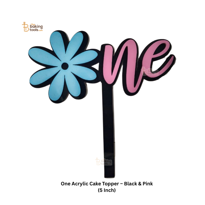 One Acrylic Cake Topper – Pink, Blue & Black (5 Inch)