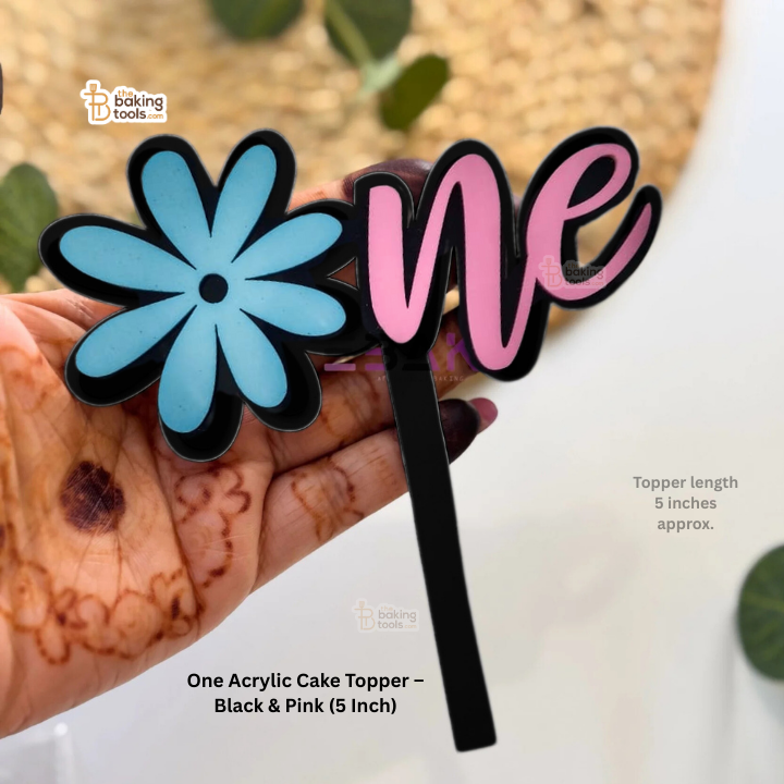 One Acrylic Cake Topper – Pink, Blue & Black (5 Inch)
