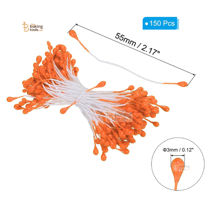 Orange - 150 Pcs Double Headed Pearlized Artificial Flower Stamens Pollens – 5.5cm for Sugar Flowers, Cake Decoration & Craft Making