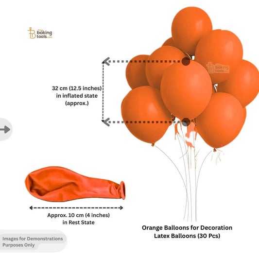 Orange Balloons for Decoration Latex Balloons (30 Pcs).
Inflated state: 32 cm (12.5 inches) 
Rest state: Approximately 10 cm (4 inches)
