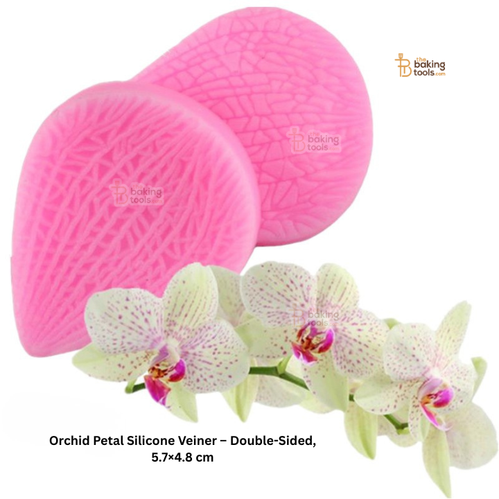 Pink orchid petal silicone veiner with orchid flowers on a white background