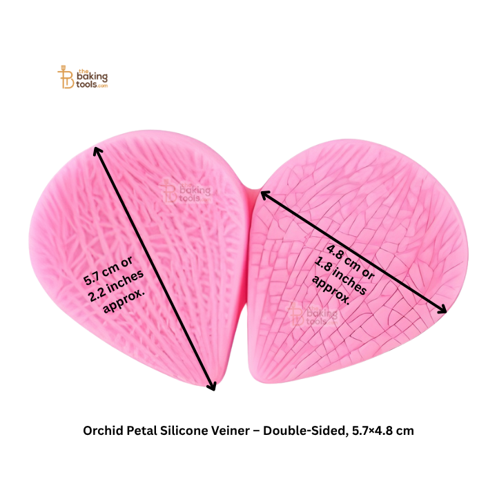 Pink orchid petal silicone veiner with measurements on a white background