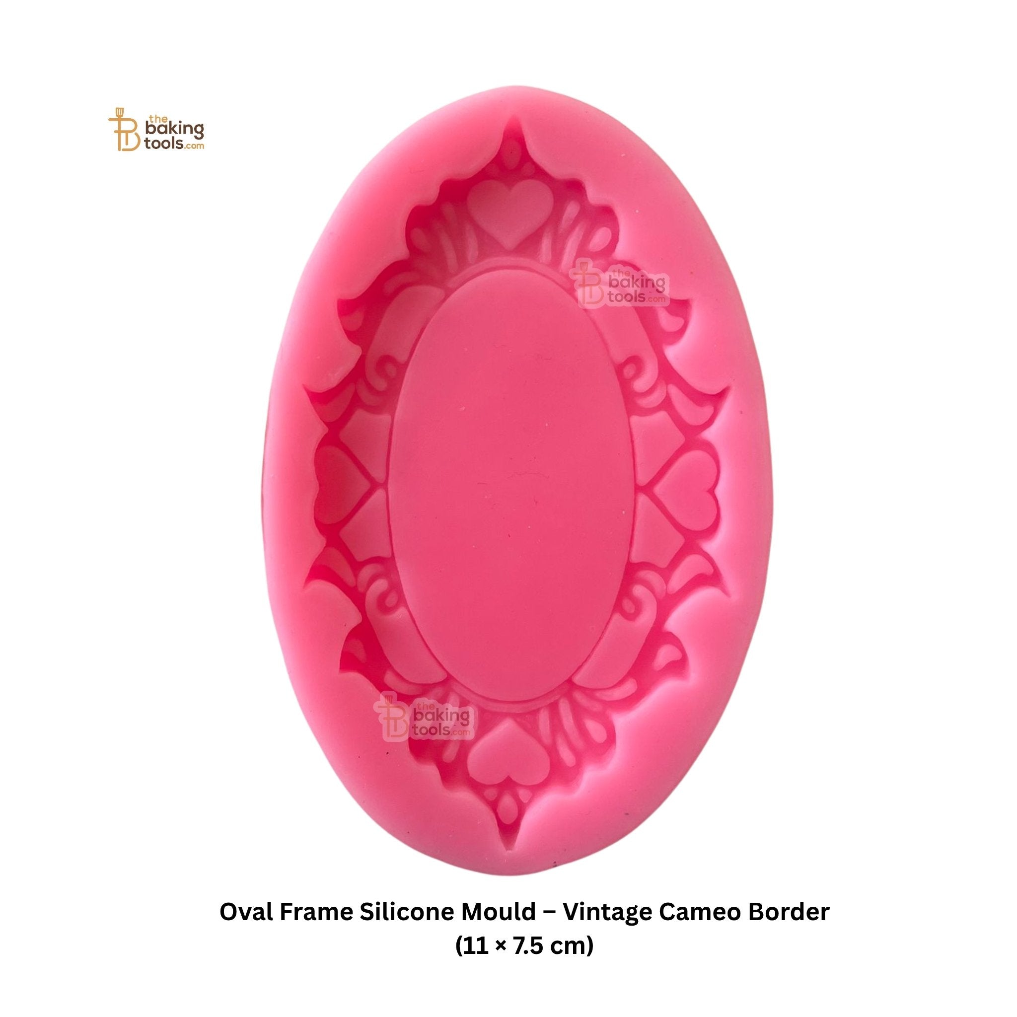 Pink oval frame silicone mould with decorative border on a white background