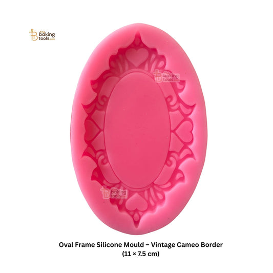 Pink oval frame silicone mould with decorative border on a white background