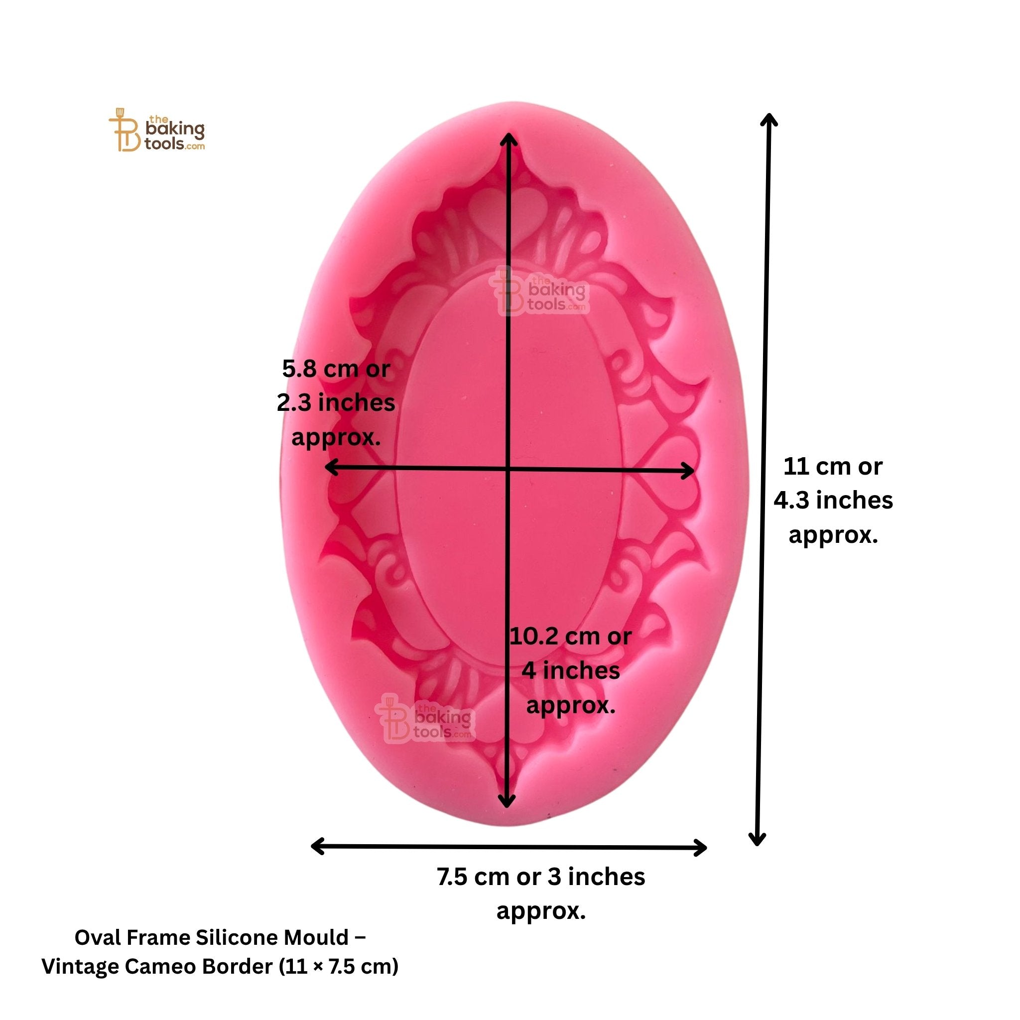 Pink oval frame silicone mould with dimensions on a white background