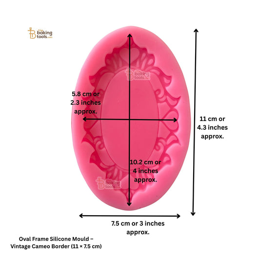 Pink oval frame silicone mould with dimensions on a white background