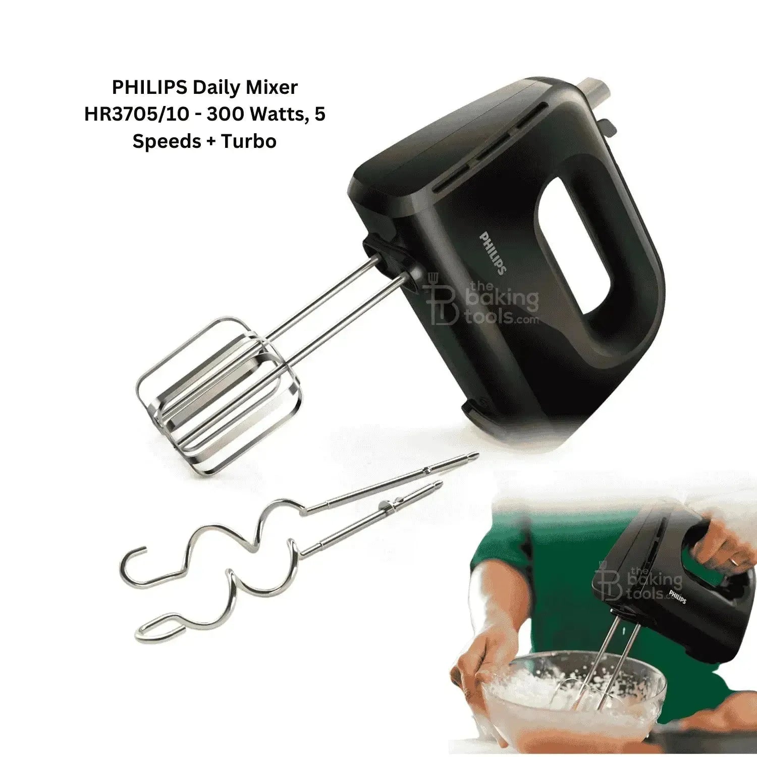 PHILIPS Daily Hand Mixer HR3705/10 - 300 Watts, 5 Speeds + Turbo - thebakingtools.com