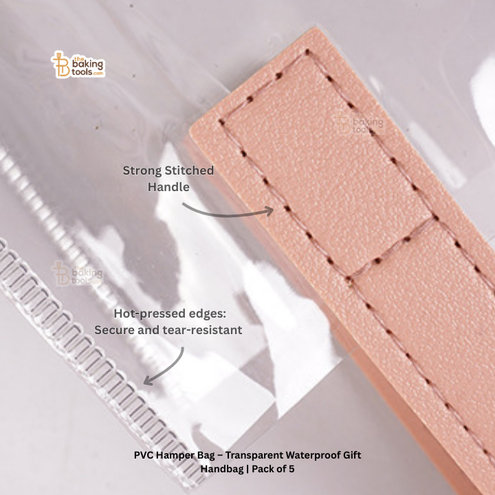 Close-up of a handle with stitching details on a transparent waterproof gift bag.