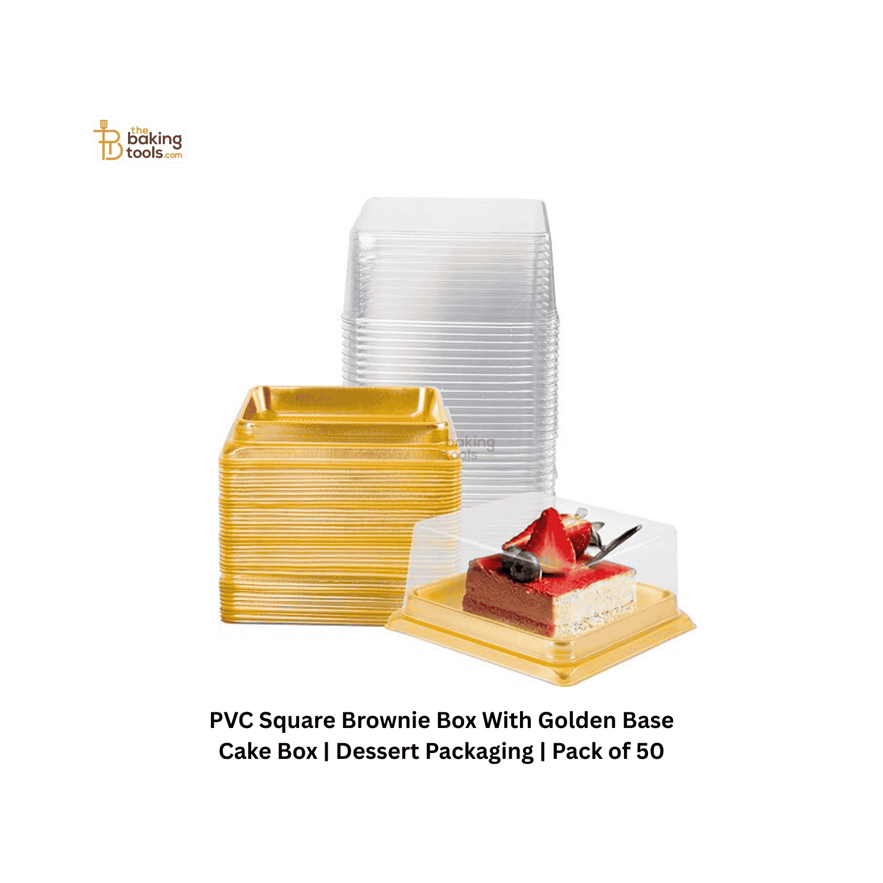PVC square brownie boxes with golden base and dessert packaging on a white background
