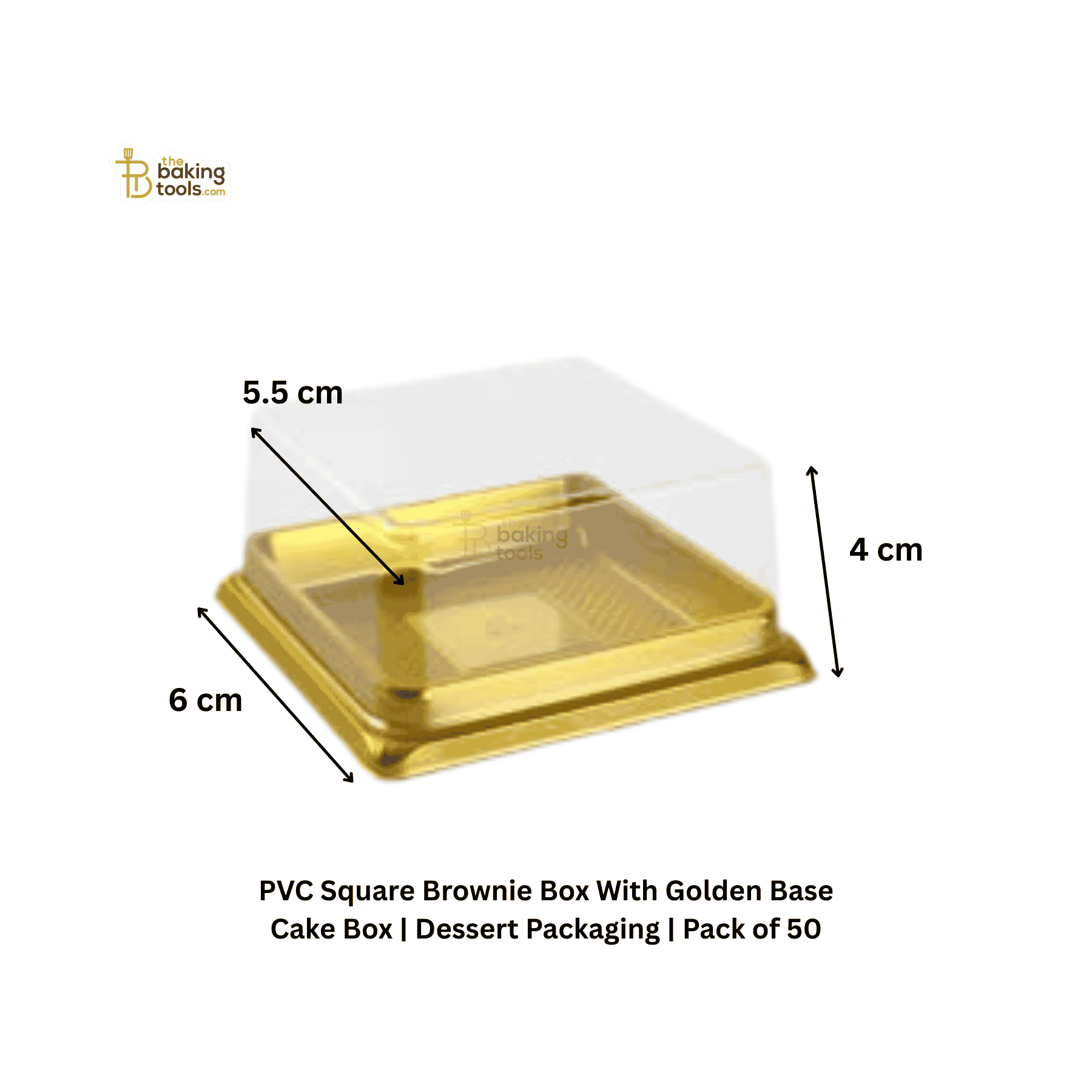 PVC square brownie box with golden base and dimensions on a white background