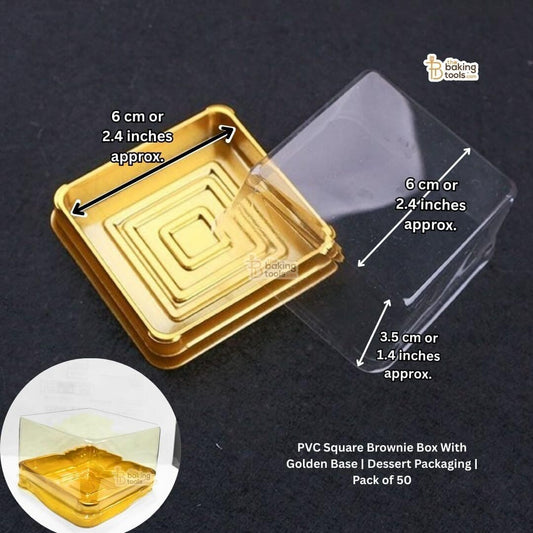 PVC square brownie box with golden base with dimensions